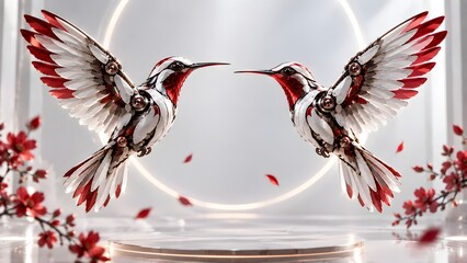 Fototapeta premium Pair of Robotic Hummingbirds in Elegant Display.