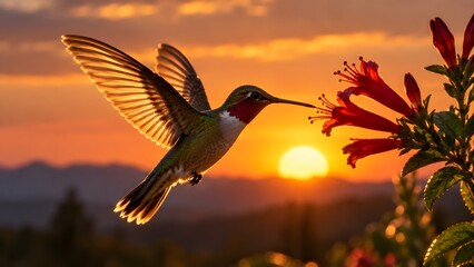 Fototapeta premium Ruby-Throated Hummingbird Hovering at Sunset.