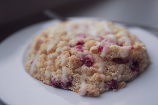 Berry crumb coffee cake or streusel cake topped with white sugar glaze