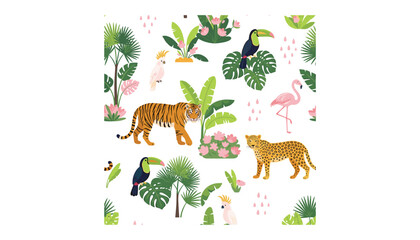 Fototapeta premium Jungle animals seamless pattern vector illustration background with exotic tiger leopard flamingo toucan cockatoo and tropical palm leaves