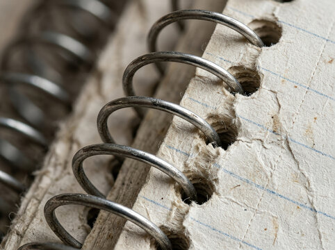 Close up of a spiral wire binding on a worn notebook. Macro view of metal coil and paper edges