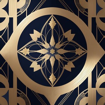 seamless pattern of art deco geometric gold foil lines on midnight dark blue velvet texture, luxury royal wallpaper design, intricate ornament, repeat pattern tileable, vector style, 8k ultra sharp