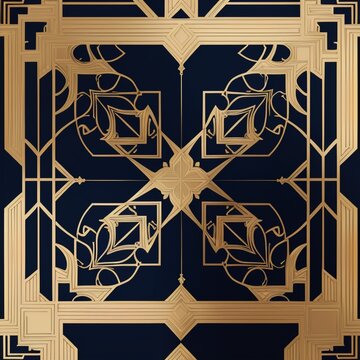 seamless pattern of art deco geometric gold foil lines on midnight dark blue velvet texture, luxury royal wallpaper design, intricate ornament, repeat pattern tileable, vector style, 8k ultra sharp