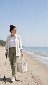 Woman with trash picker and bag collecting litter on beach. Volunteer cleaning coastline for World Cleanup Day. Environmental protection and plastic pollution awareness concept