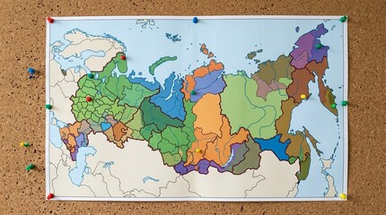 Fototapeta premium Zone Map of Forecast Territories Pinned to a Corkboard, Financial Forecasting and Business Planning Concept