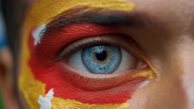 Extreme macro photorealistic footage of a fictional adult male football supporter's eye, bright ice blue iris with Spanish flag face paint
