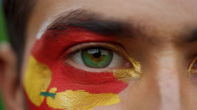 Extreme macro photorealistic footage of a fictional adult male football supporter's eye, vivid green iris with Spanish flag face paint