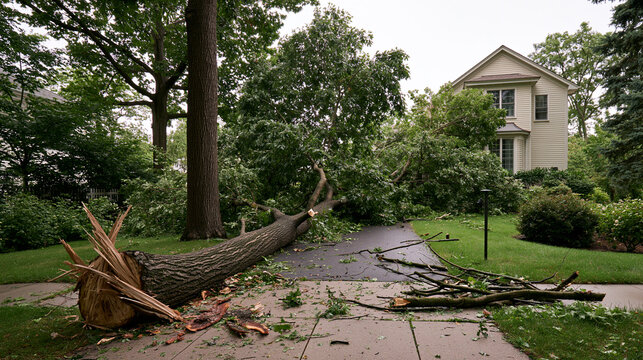 Large Fallen Tree Blocking a Suburban Driveway Beside a Residential House After a Storm for Insurance Weather and Emergency Themes