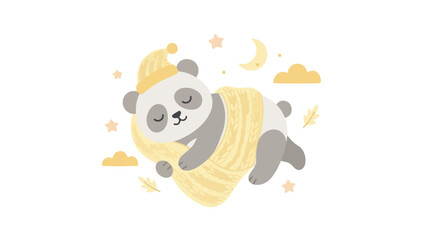 A cute sleeping panda bear wearing a yellow nightcap and wrapped in a knitted scarf surrounded by stars and a crescent moon. © Sabil