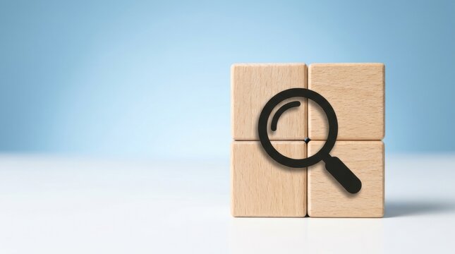 Wooden cubes with magnifying glass icon on blue background
