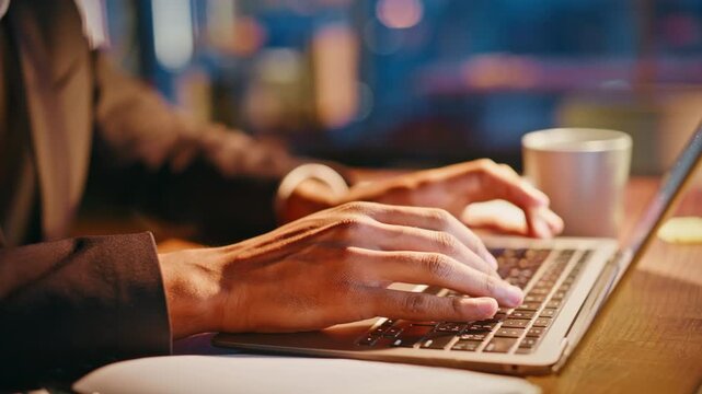 Closeup male hands typing laptop. African american manager working night office.
