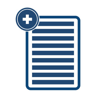 Vector illustration of a blue document icon with a plus sign badge, isolated on a white background. Perfect for add file, create new page, document management, and UI interface design.