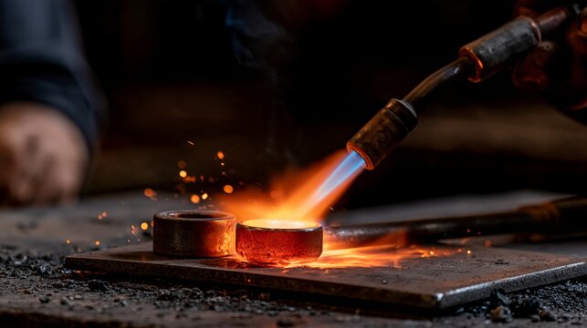 blowtorch heating metal in a dark workshop