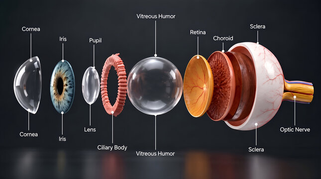 Detailed 3D Medical Illustration Showing the Anatomy of the Human Eye with Labeled Internal Structures and Layers Including Cornea Iris Lens Retina and Optic Nerve