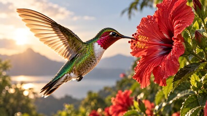 Fototapeta premium Hummingbird Feeding on a Red Hibiscus Flower at Sunset.