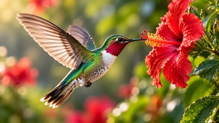 Fototapeta premium Hummingbird Feeding on Bright Red Hibiscus Flower.
