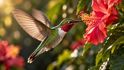 Fototapeta premium Hummingbird Feeding on Red Hibiscus Flower.
