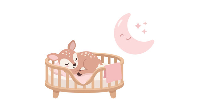 A cute baby deer is sleeping peacefully inside a wooden crib under a smiling pink crescent moon with stars.
