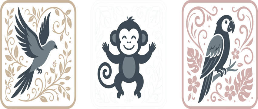 Cute tropical animal card collection featuring cartoon monkey flying bird and macaw parrot vector illustration elements