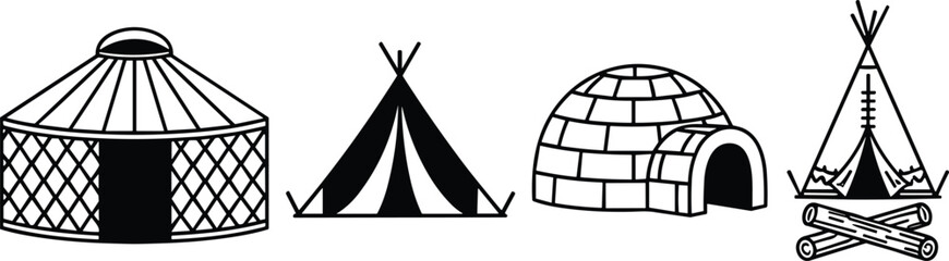 Traditional dwelling icon set featuring yurt, teepee, igloo, and campfire symbols for nomadic and historical culture design. © Marjana