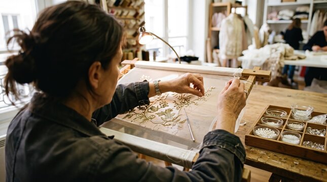 Person in workshop carefully handles small items, with focus on hands