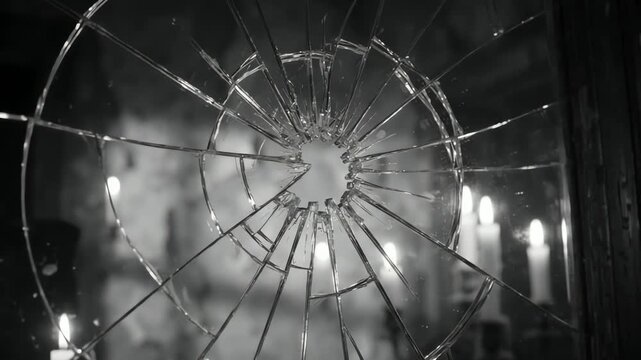 Broken mirror reflecting candlelight in a spooky black and white room