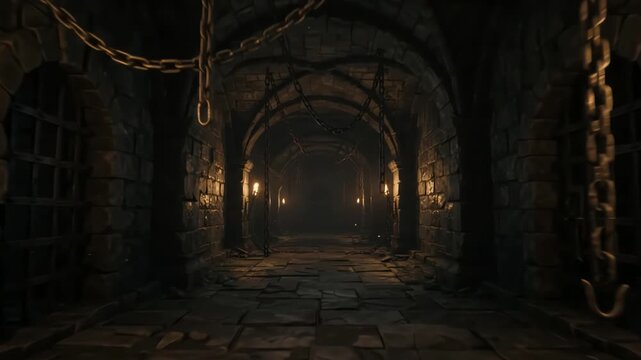 Dark medieval dungeon corridor with flickering torches and chains