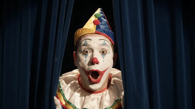 Funny clown peeking through blue curtains on a theater stage