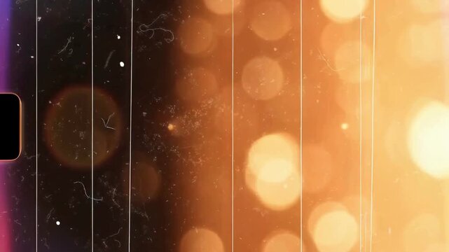 Vintage film reel overlay featuring scratches, dust, hair, colorful light leaks, and mechanical projector audio, retro celluloid texture for cinematic VFX compositing
