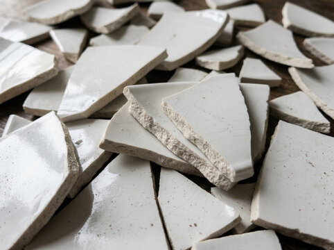 Shattered white ceramic plate pieces. Broken porcelain shards on wooden surface
