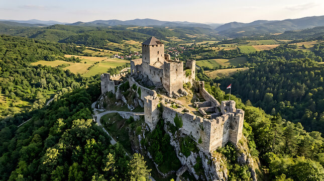 Medieval Castle Perched On Green Hillside 1.