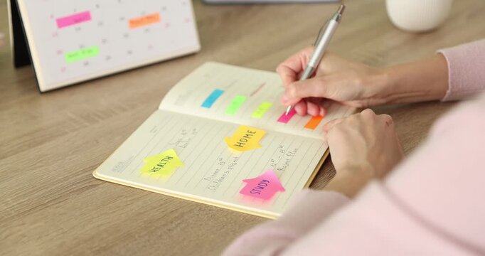 Planning. Woman writing in notebook with stickers at wooden desk indoors, closeup
