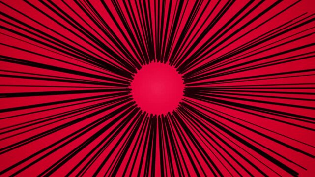 Anime speed lines background with red sunburst effect. Manga style radial motion lines for action scenes. Comic book zoom burst animation. High energy red and black sunbeam backdrop. High