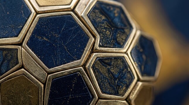 Close-up of a geometric dodecahedron object with blue and gold hexagonal facets.