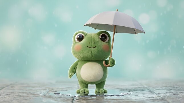 A cute little plush frog character holding a small umbrella standing in the rain.