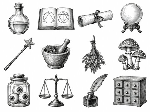 Vintage witchcraft collection. Hand drawn potion bottle, spell book, crystal ball, magic wand, herbs and alchemy tools. Black and white Halloween illustrations in engraved style, isolated on white
