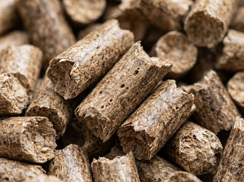 Macro texture of compressed wood pellets. Sustainable biomass fuel background