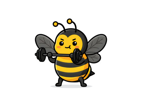 Cartoon bee lifting weights with determined look