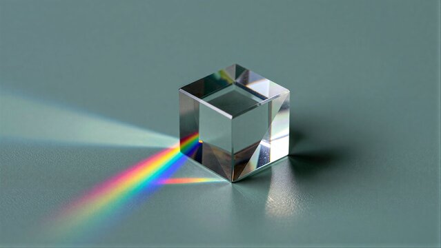 Crystal prism splits light into vibrant rainbow spectrum on cool-toned surface.