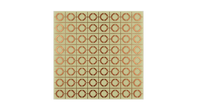 Metamaterial negative refractive index microwave lens whole flat panel sub wavelength split ring resonator array isolated on transparent background