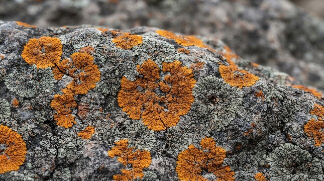 Macro view of orange and grey lichen growing on a weathered dark rock surface