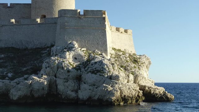 Aerial view of the historic Chateau d'If fortress on an island in the Mediterranean Sea