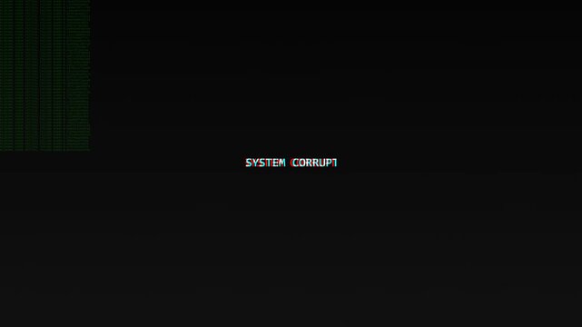 System error warning text with digital glitch and distortion effects displaying on dark computer screen background indicating malfunction and cyber security threat vulnerability warning message