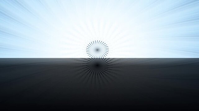 Abstract digital art featuring a symmetrical horizon line dividing a bright blue sunburst sky and a dark reflective ground with a central radial pattern