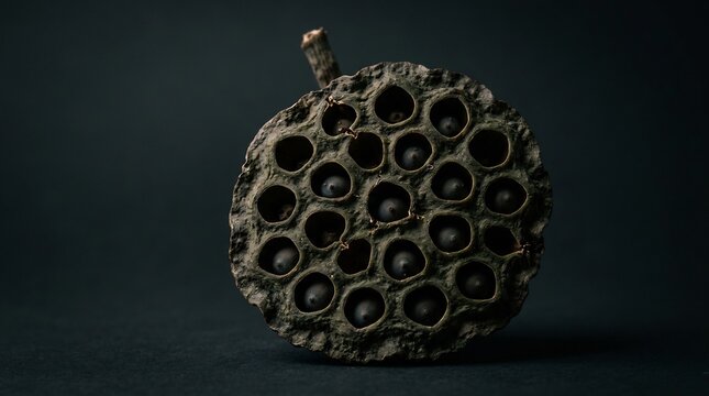 Macro shot of a dried lotus seed pod with dark seeds on a plain dark background