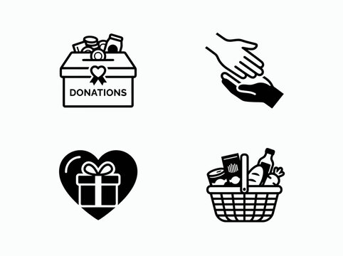 Set of four monochrome holiday charity and food donation vector icons featuring a donation box, helping hands, heart gift, and basket