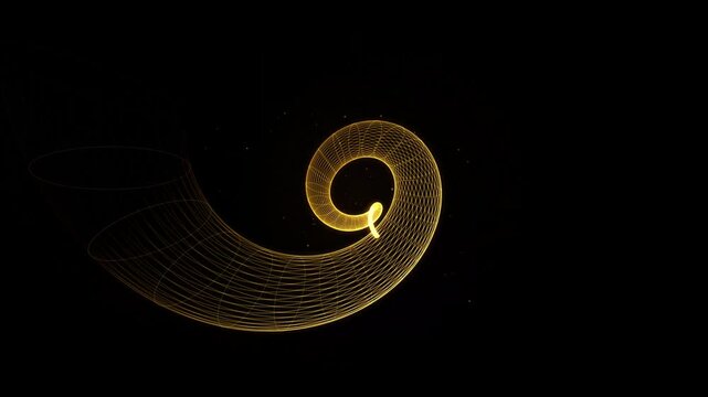 A glowing golden wireframe spiral structure creates a mesmerizing geometric pattern against a dark background, evoking a sense of mathematics, art, and infinity