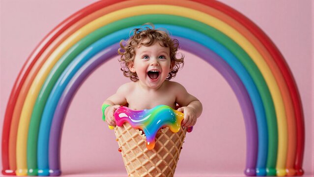 Happy toddler holds rainbow ice cream cone, smiling under colorful arch.