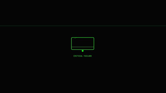 System error screen animation featuring a glowing green computer monitor icon and critical failure text on a dark digital background for technology failure concepts
