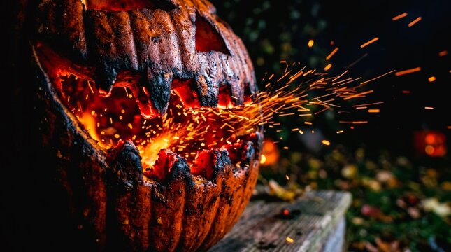 Close up of carved pumpkin spitting fire and sparks.